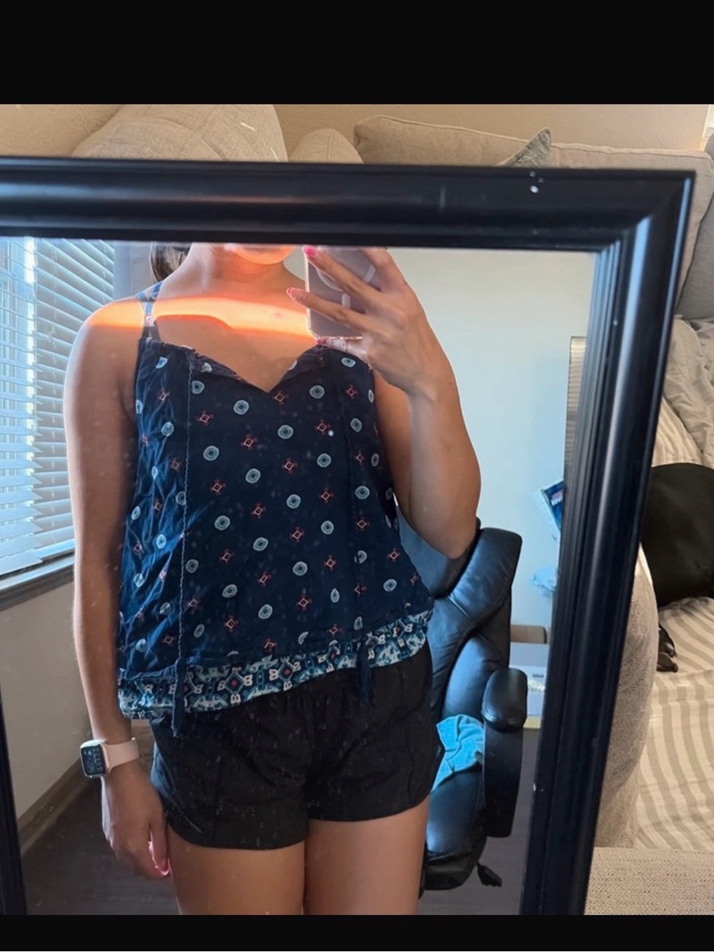 Red Camel Navy Printed Camisole with Patterned Hem